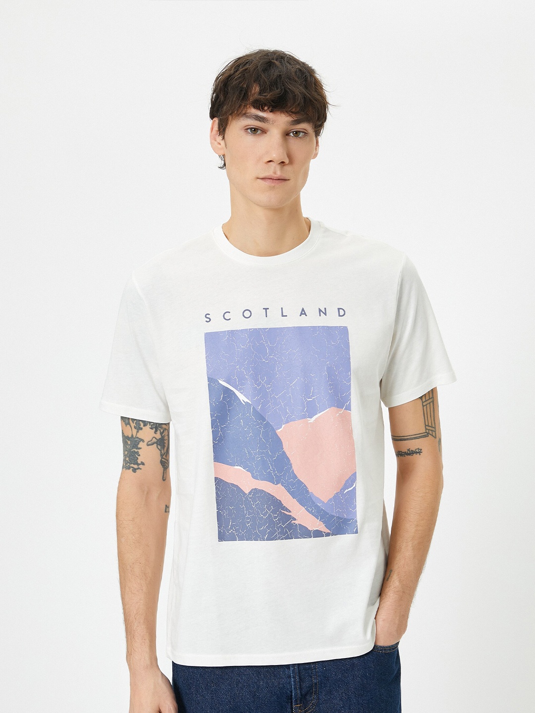 Koton Round Neck Typography Printed Cotton T-shirt, White