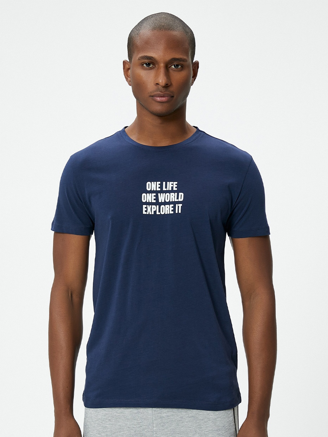 

Koton Typography Printed Round Neck Cotton T-shirt, Navy blue