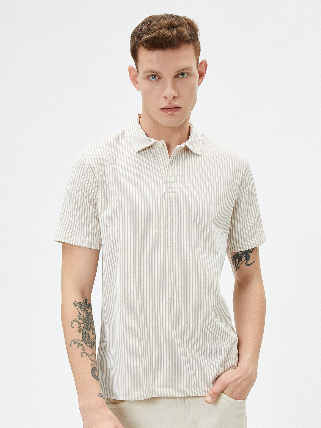 

Koton Striped Polo Collar Short Sleeves T-shirt, Beige