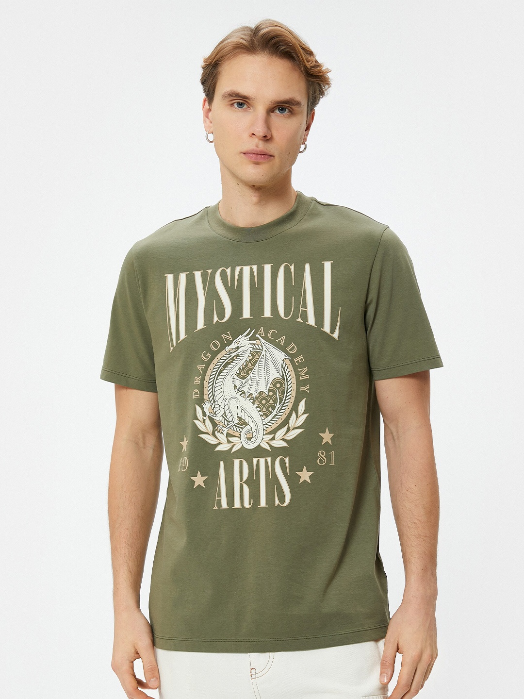

Koton Graphic Printed Round Neck T-shirt, Khaki