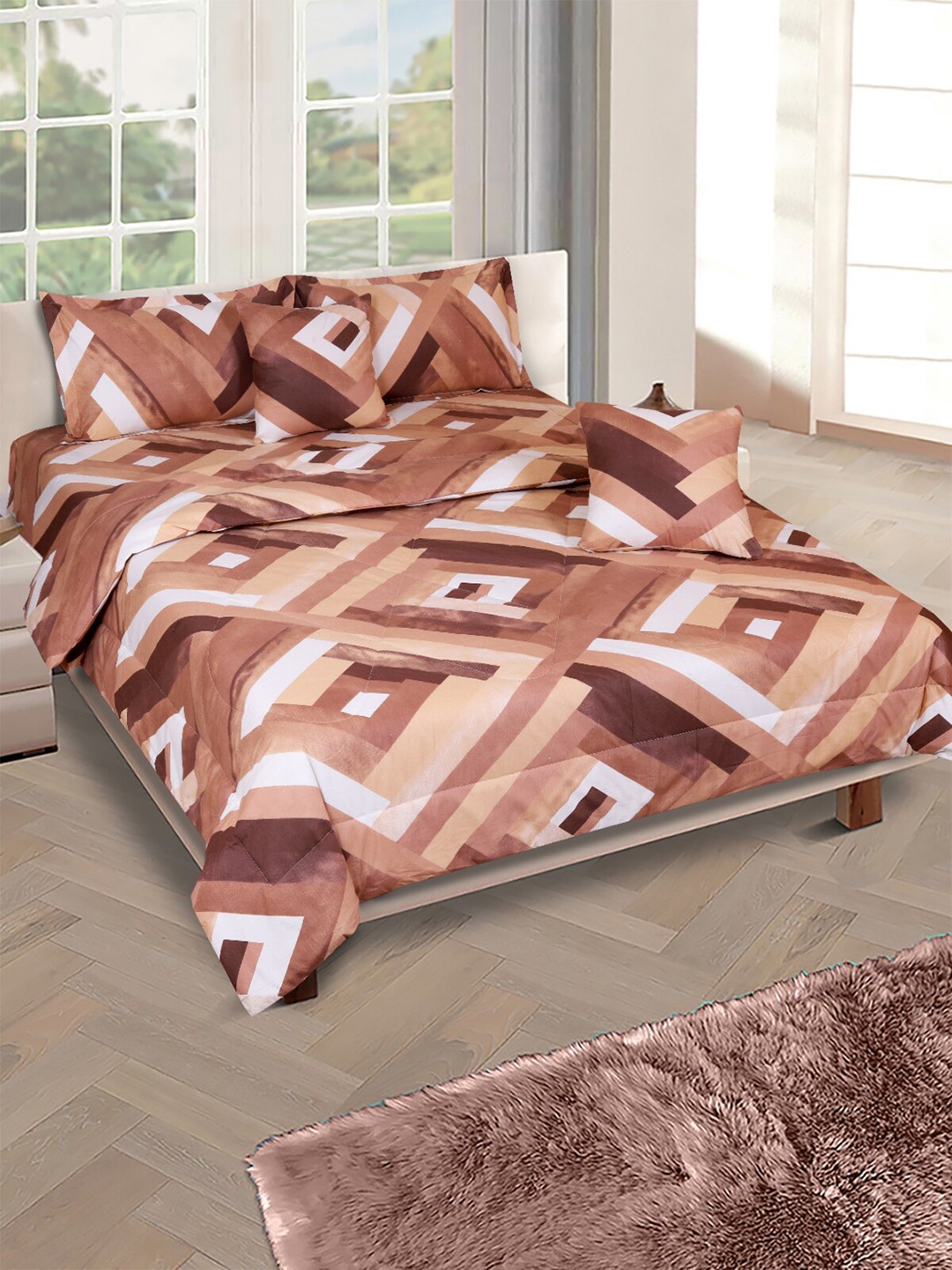 

Aura Brown Geometric Printed Cotton 210 GSM Double Queen Bedding Set