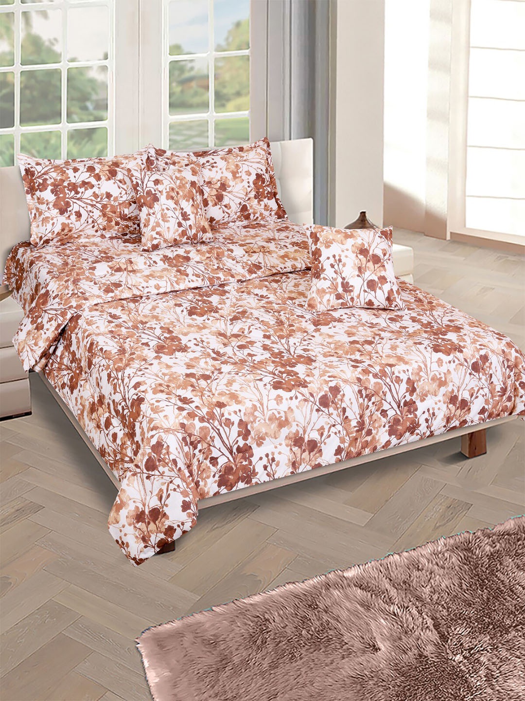 

Aura Cream & Brown Floral Printed Cotton 210 GSM Double Queen Bedding Set