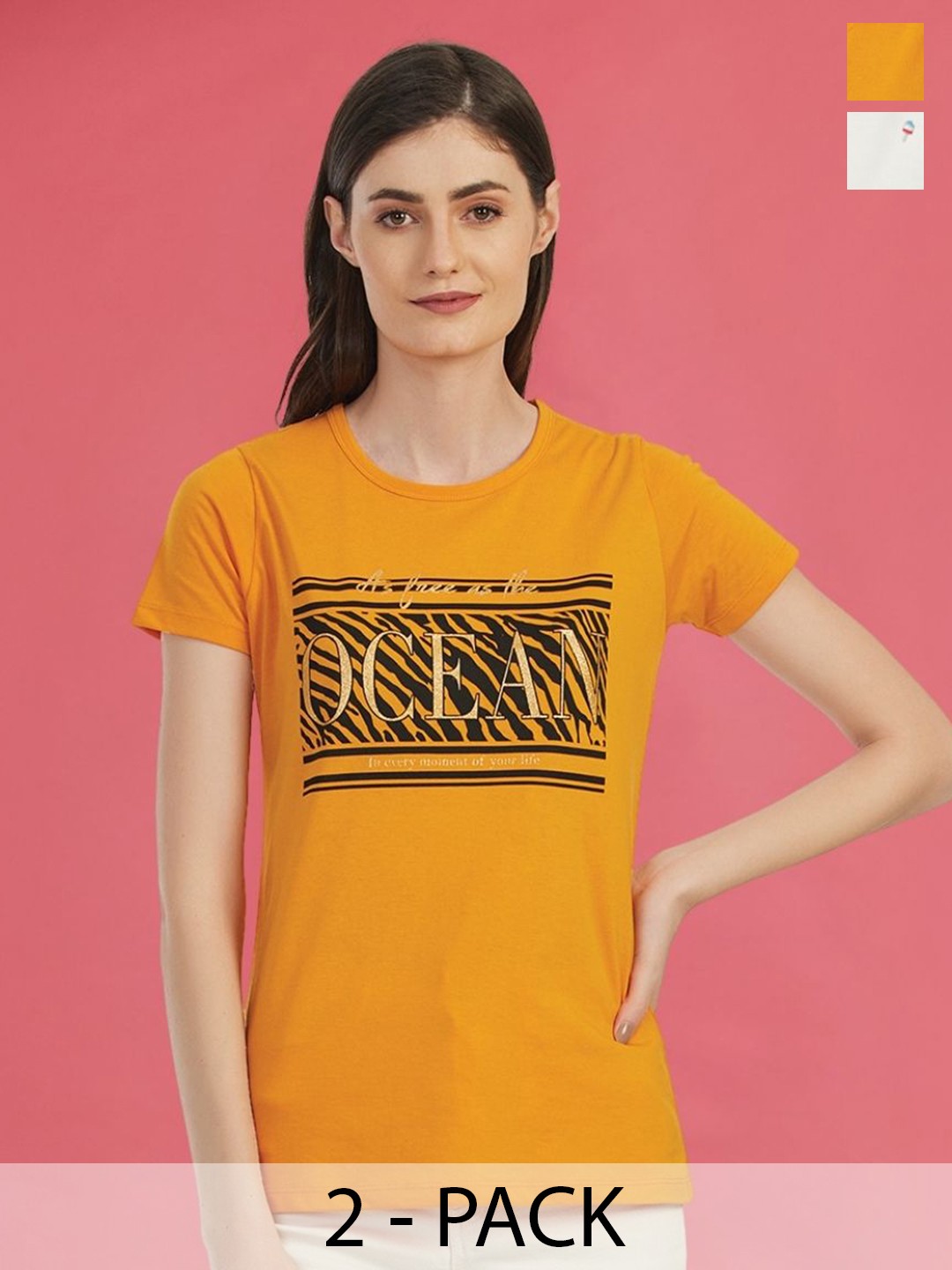 

Moda Elementi Pack of 2 Printed Cotton T-shirts, Mustard
