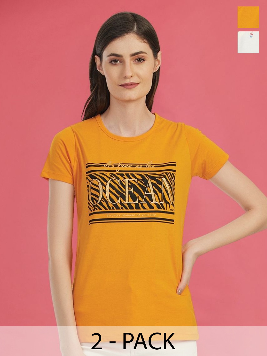 

Moda Elementi Pack of 2 Printed Cotton T-shirts, Mustard