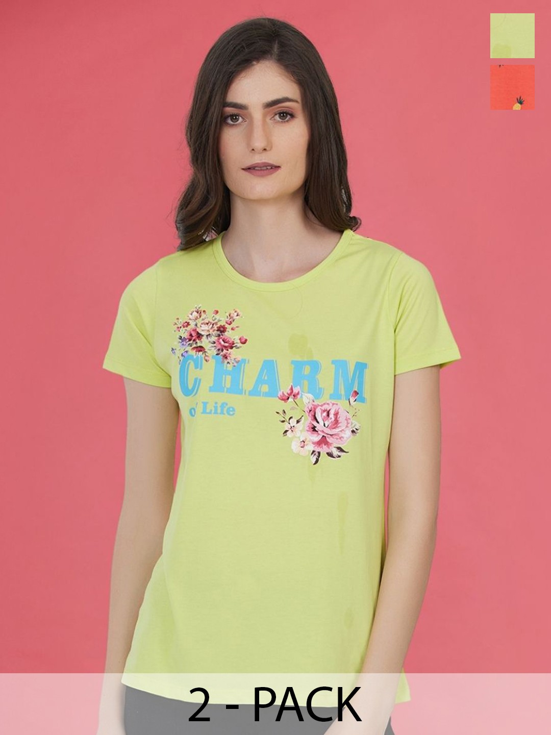 

Moda Elementi Pack Of 2 Printed Cotton T-shirts, Lime green