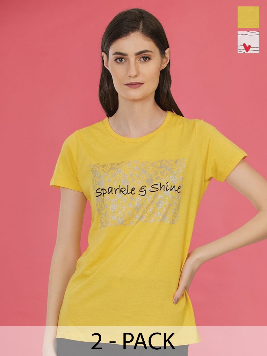 Moda Elementi Pack Of 2 Printed Cotton T-shirts, Yellow