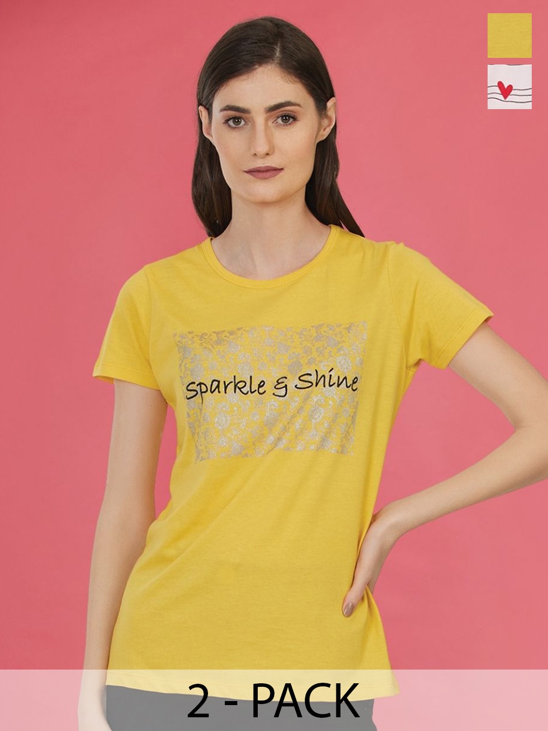 Moda Elementi Pack Of 2 Typography Printed Cotton T-shirts, Yellow