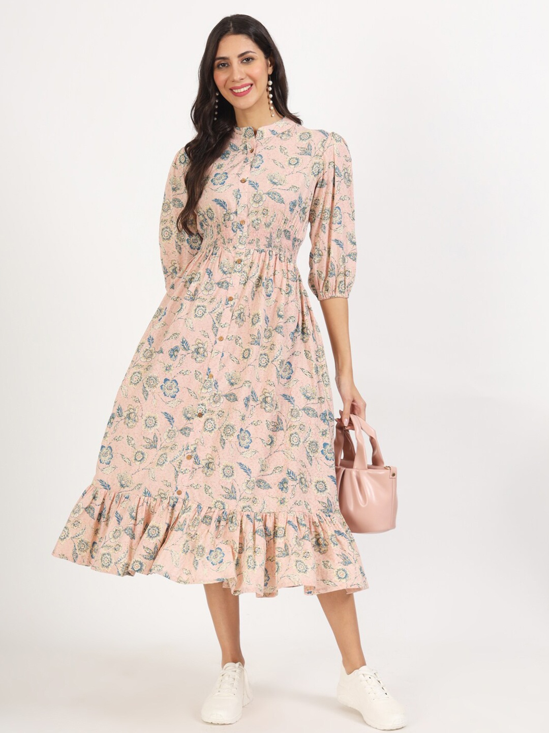 

Divena Floral Printed Mandarin Collar Cotton Fit & Flare Midi Dress, Pink
