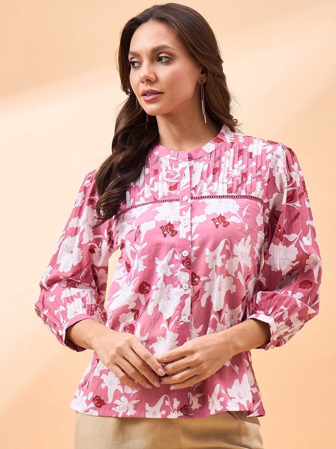 

all about you Pink Floral Printed Mandarin Collar Puff Sleeve Cotton Shirt Style Top