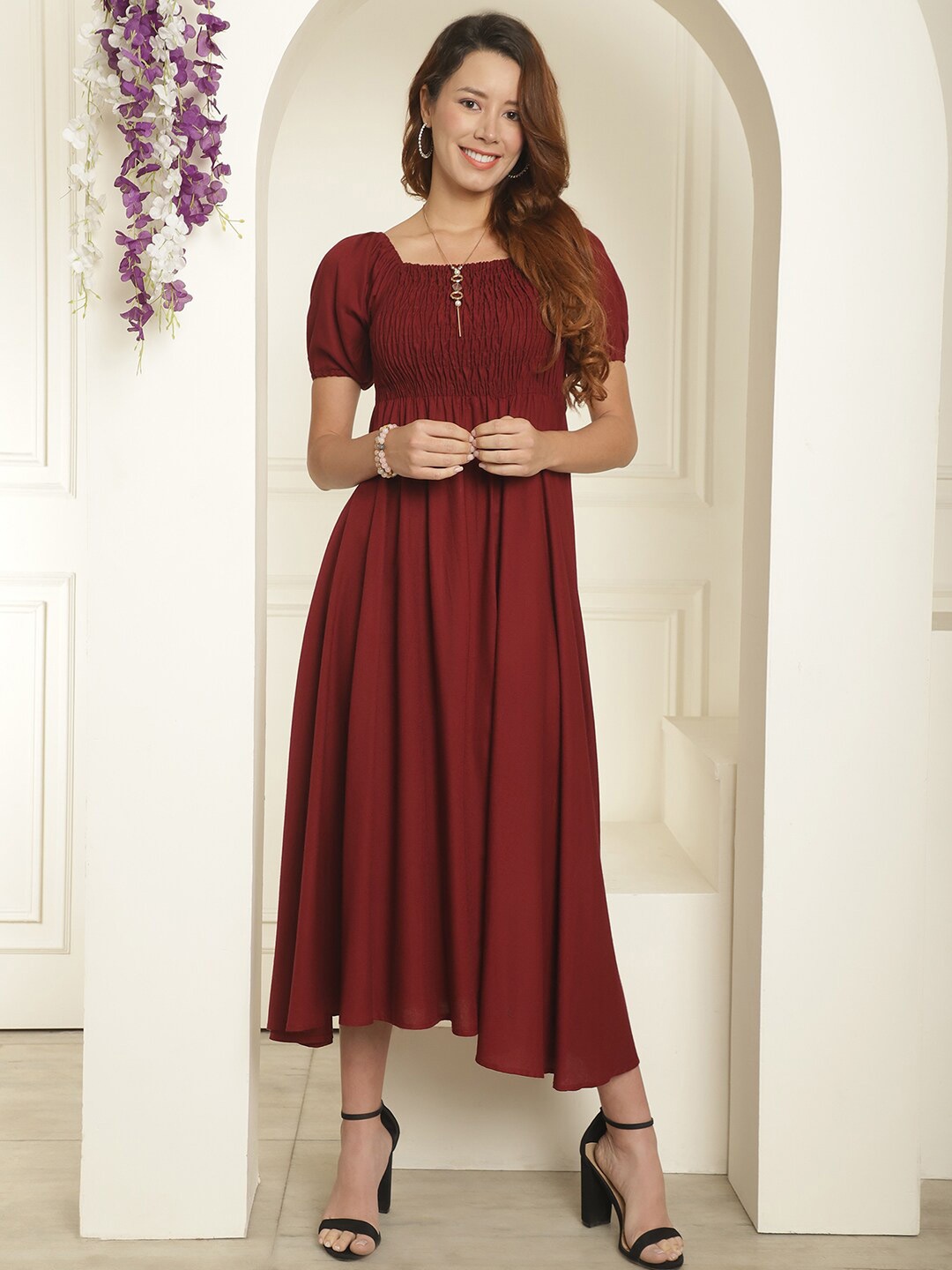 

BAESD Square Neck Puff Sleeves Smocked Empire Midi Dress, Maroon