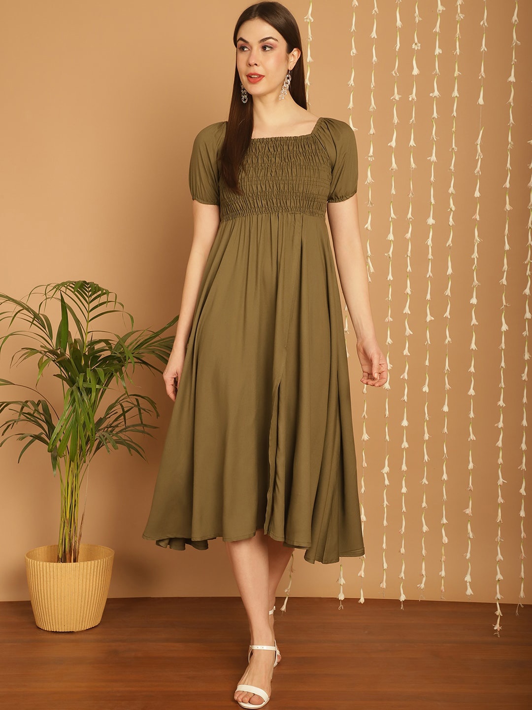 

BAESD Square Neck Puff Sleeve Smocked Empire Midi Dress, Brown