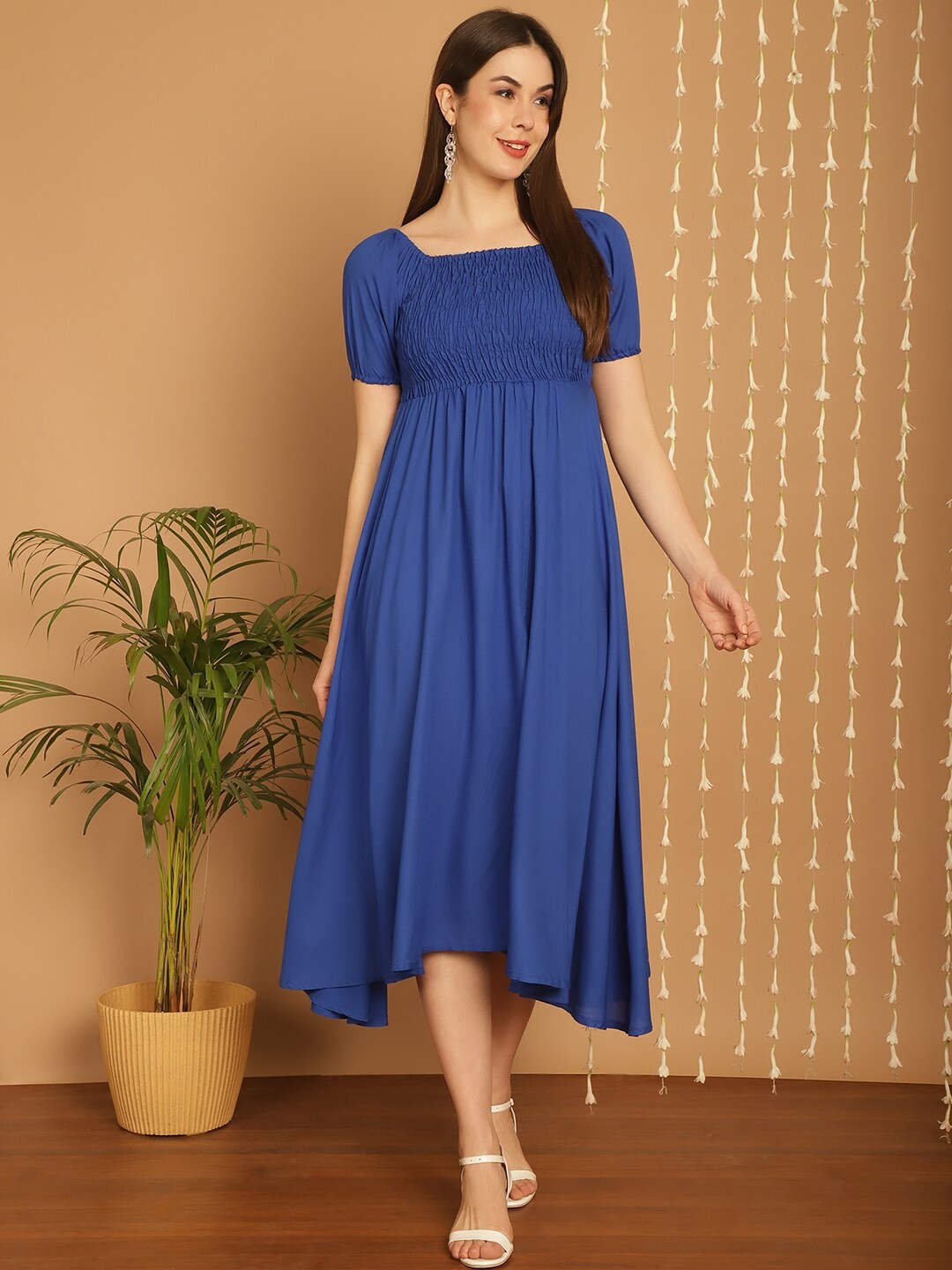 

BAESD Puff Sleeve Smocked Fit & Flare Midi Dress, Navy blue