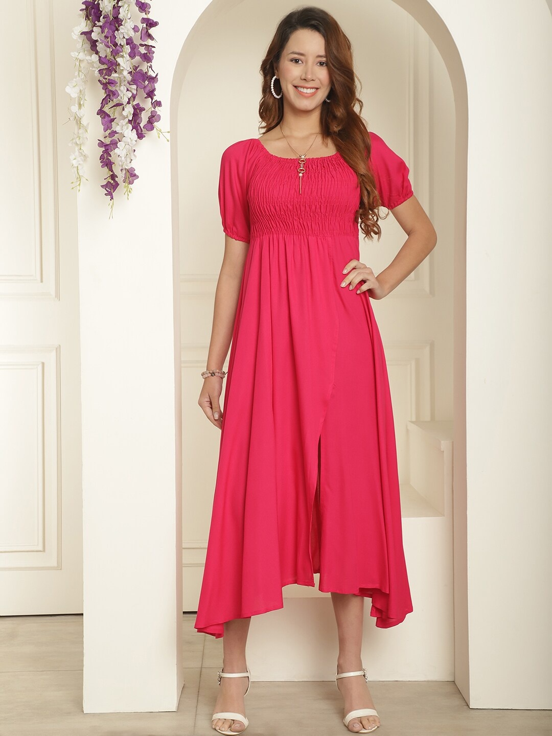 

BAESD Square Neck Puff Sleeves Smocked Slit Fit & Flare Midi Dress, Pink