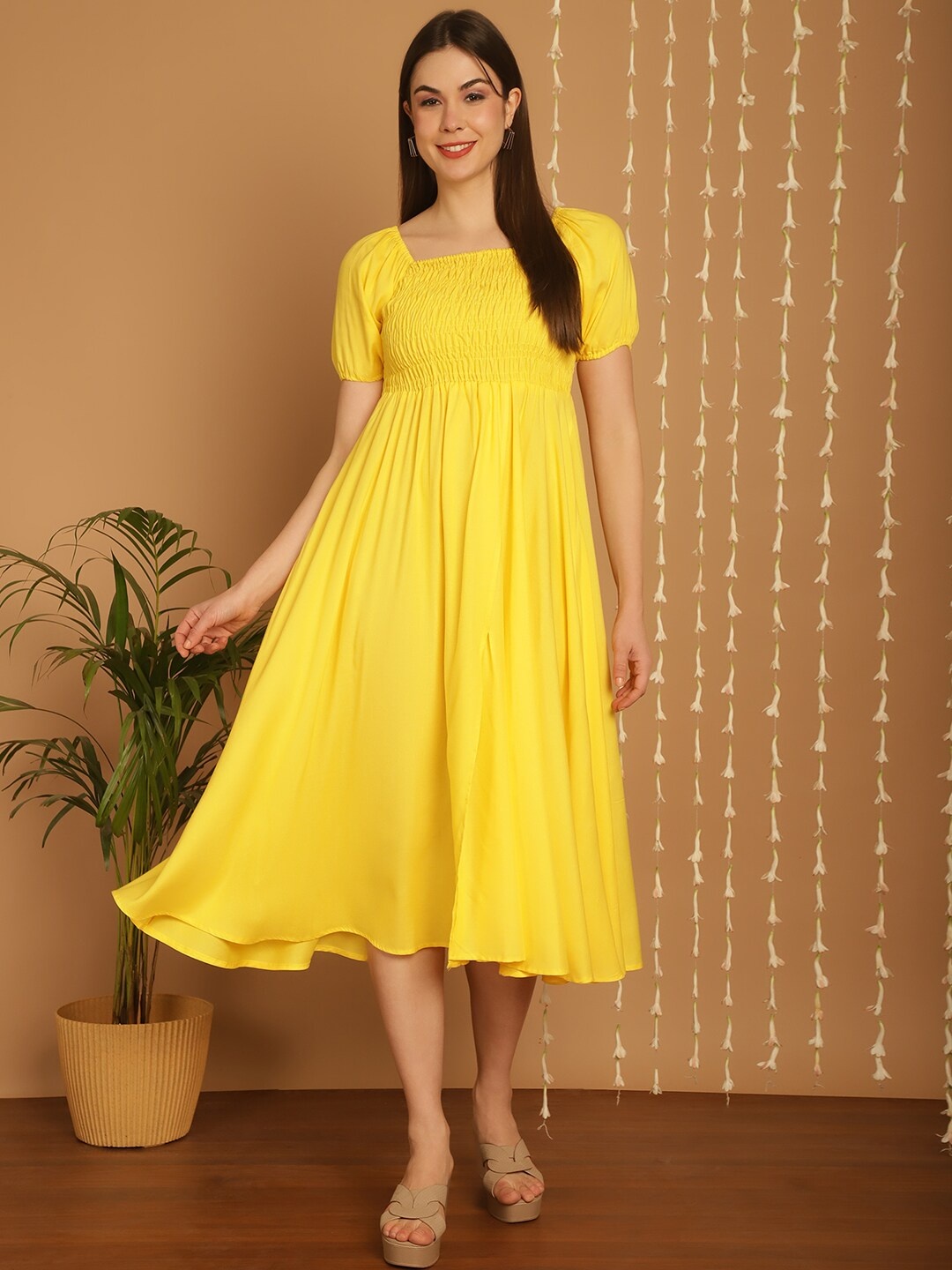 

BAESD Square Neck Puff Sleeves Smocked Slit Fit & Flare Midi Dress, Yellow