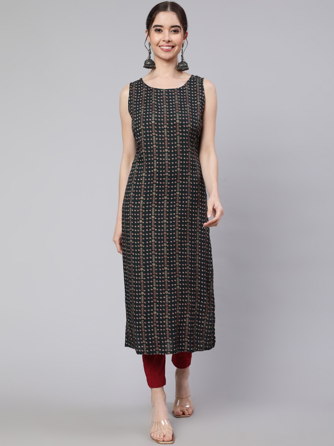SAK JAIPUR Geometric Printed Sleeveless Straight Kurta, Green