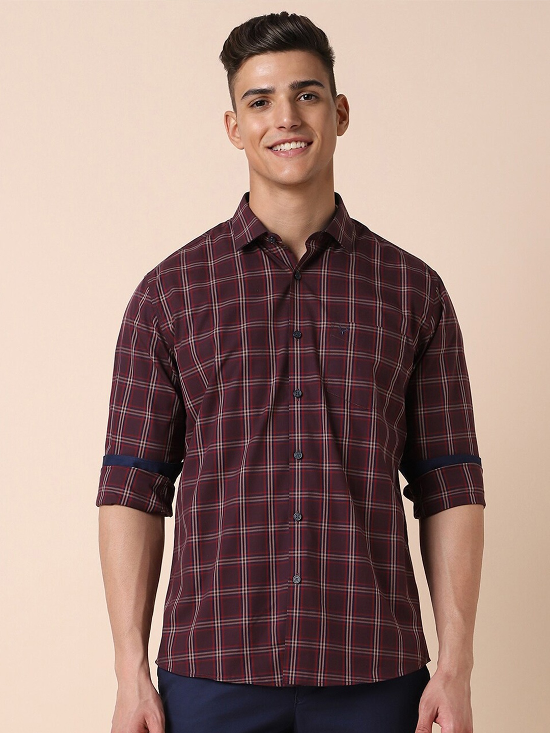 

Allen Solly Slim Fit Windowpane Checked Casual Pure Cotton Shirt, Maroon