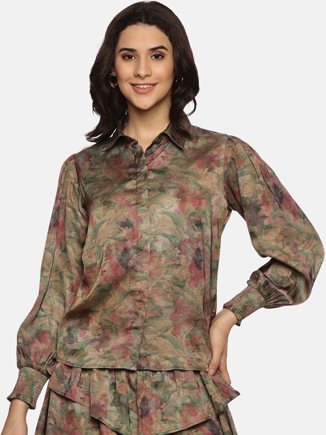 

ISU Floral Printed Satin Shirt, Brown