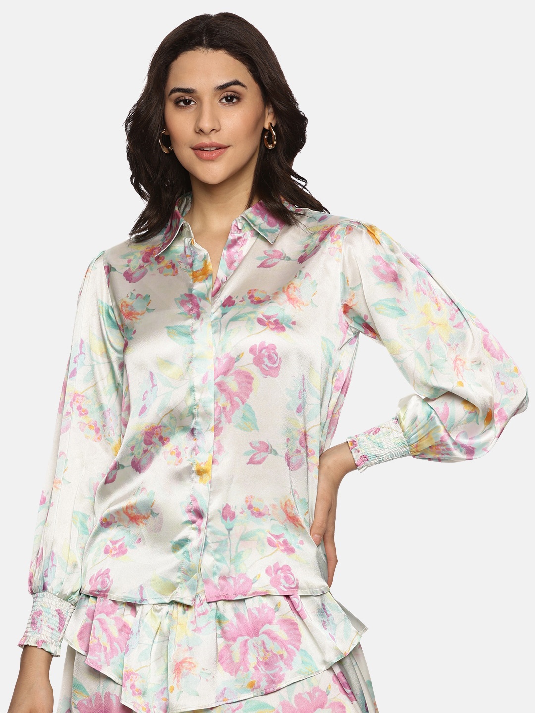 

ISU Floral Printed Satin Casual Shirt, White