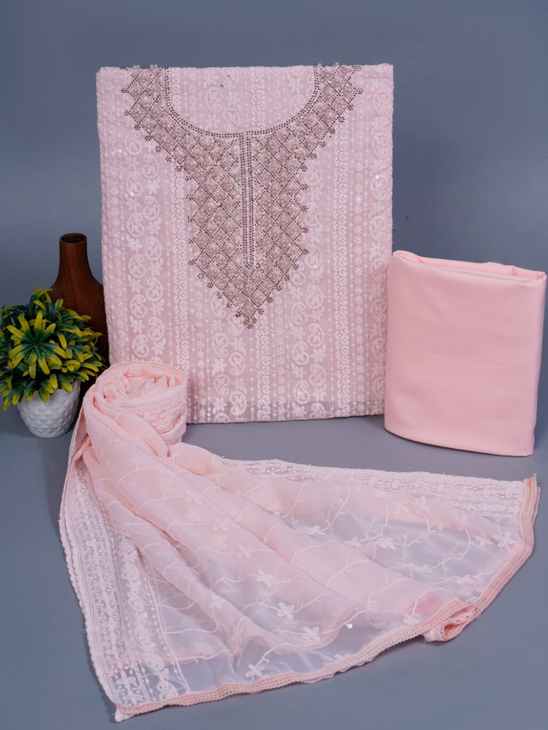 

HIGHLIGHT FASHION EXPORT Embroidered Pure Cotton Unstitched Dress Material, Pink