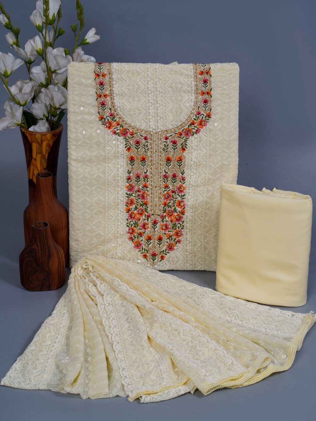

HIGHLIGHT FASHION EXPORT Embroidered Pure Cotton Chikankari Unstitched Dress Material, Yellow
