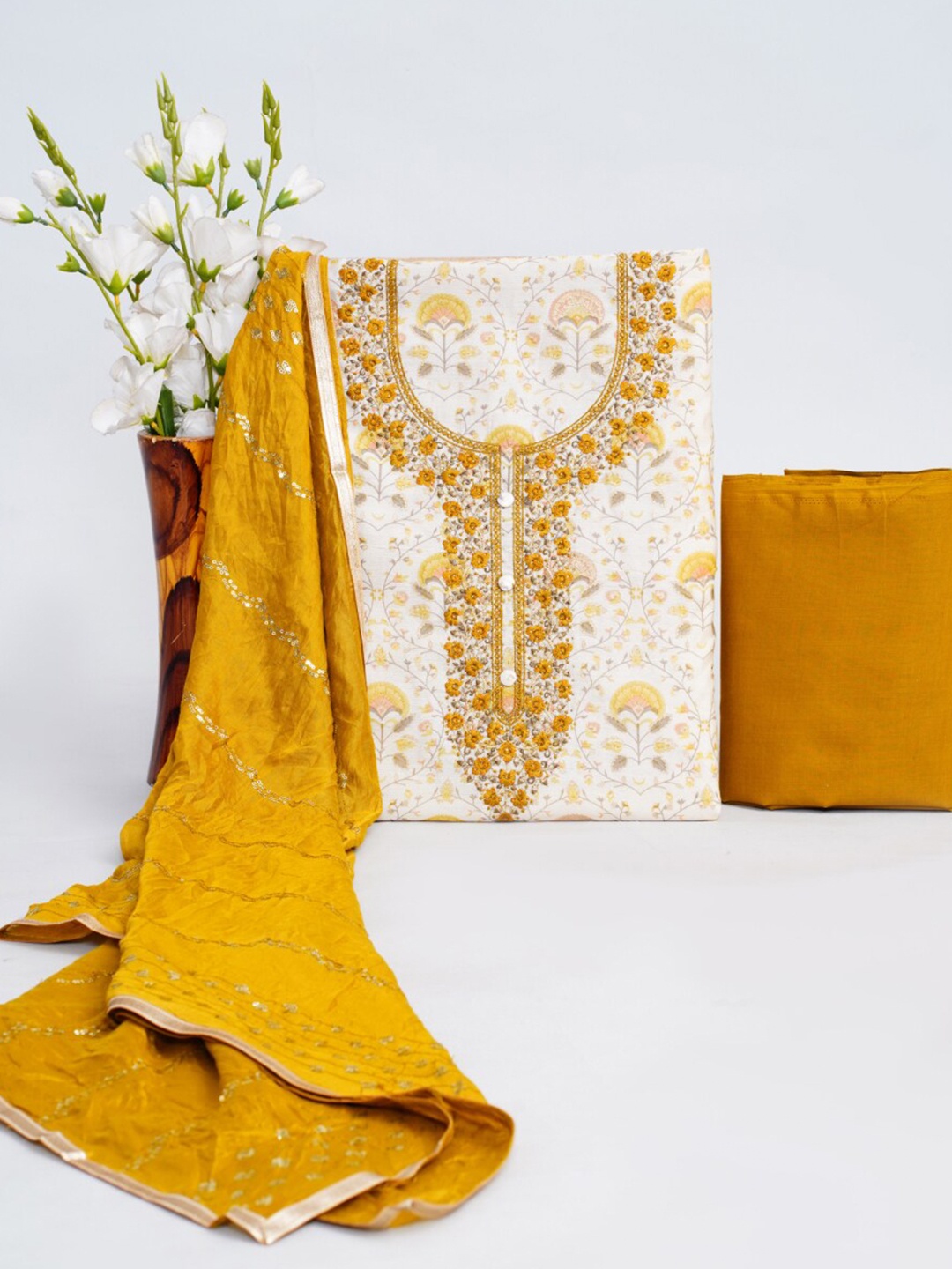 

HIGHLIGHT FASHION EXPORT Embroidered Chanderi Silk Unstitched Dress Material, Gold