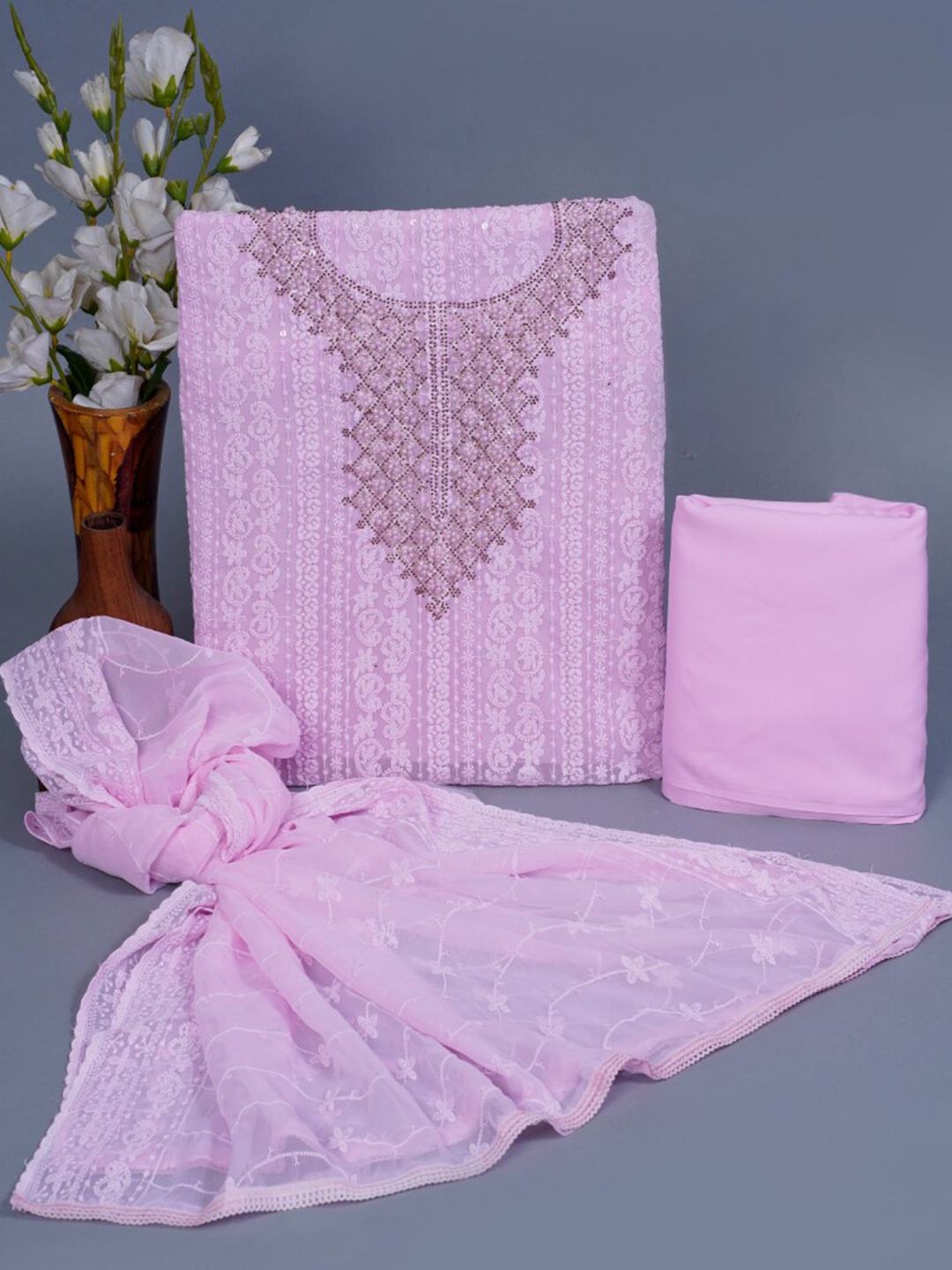 

HIGHLIGHT FASHION EXPORT Embroidered Pure Cotton Chikankari Unstitched Dress Material, Purple