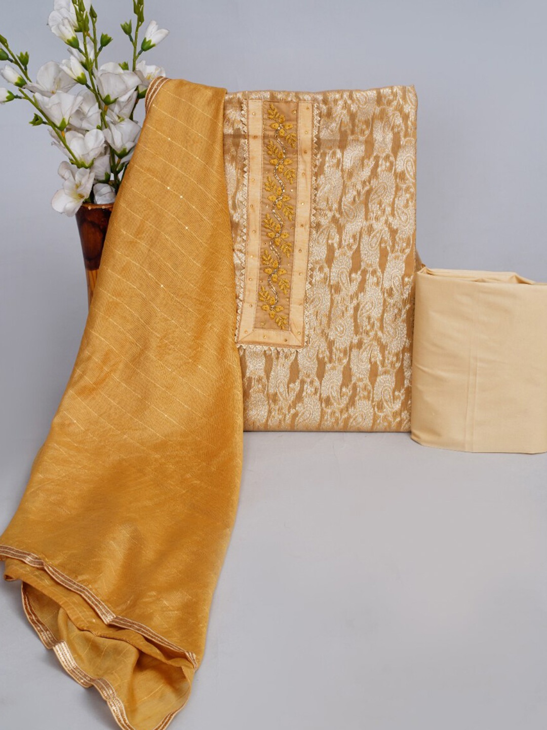 HIGHLIGHT FASHION EXPORT Embroidered Chanderi Silk Unstitched Dress Material, Gold