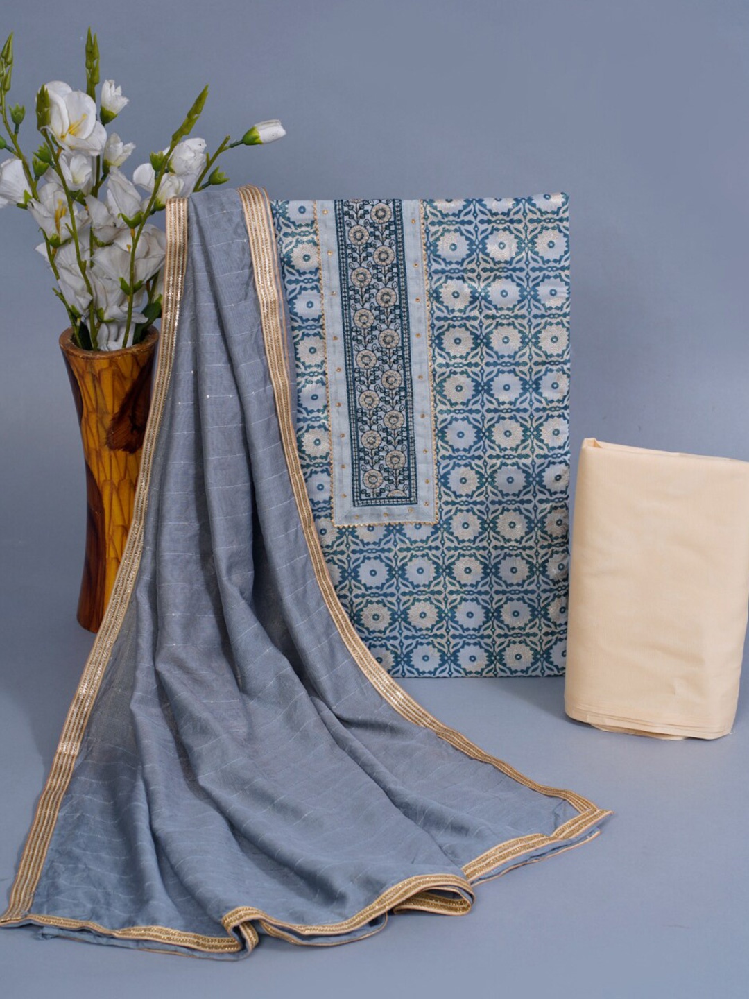 

HIGHLIGHT FASHION EXPORT Printed Chanderi Silk Unstitched Dress Material, Blue