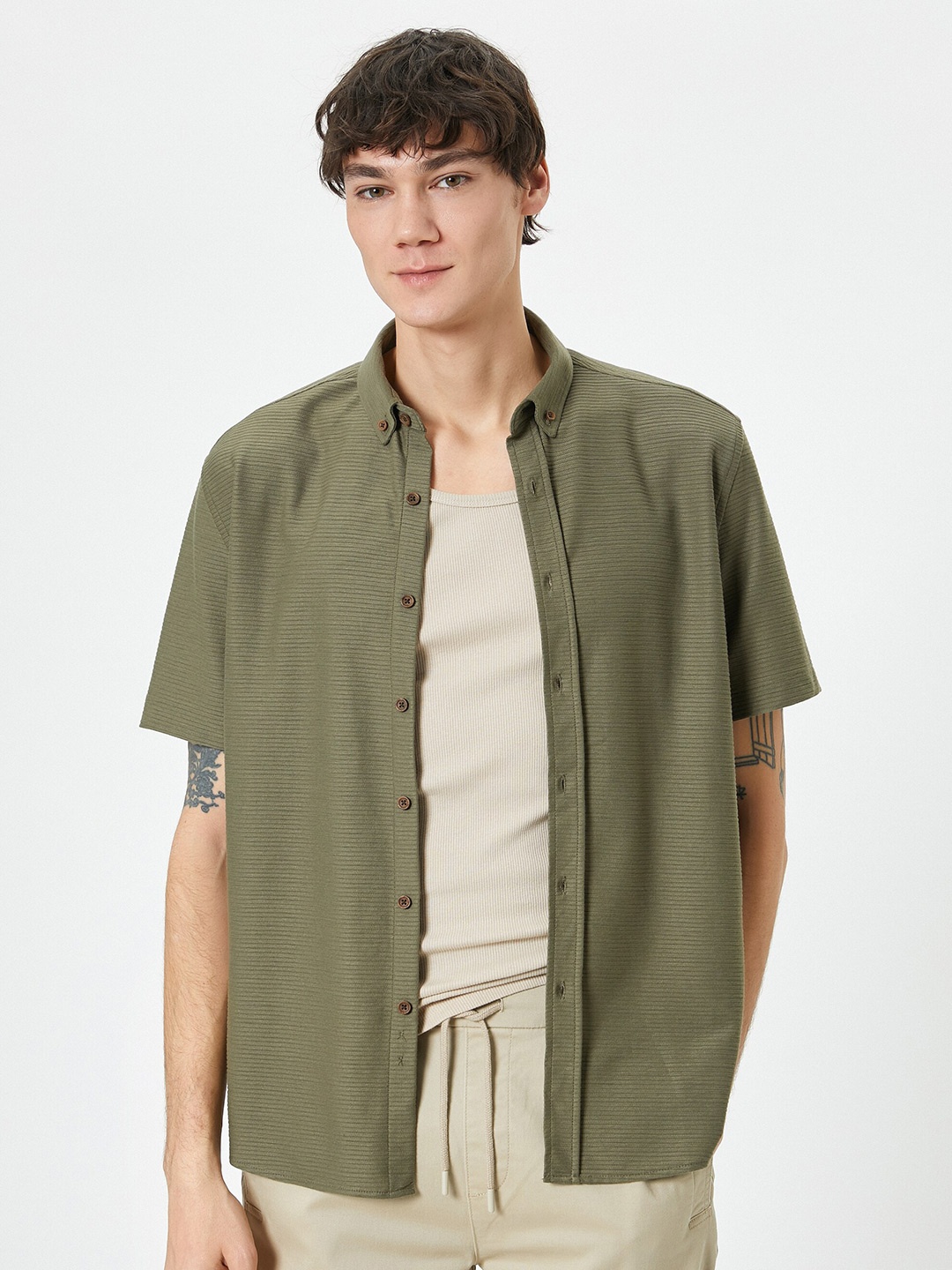 

Koton Striped Button-Down Collar Casual Shirt, Khaki