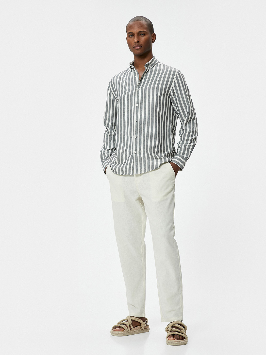 

Koton Slim Fit Striped Spread Collar Casual Shirt, Brown
