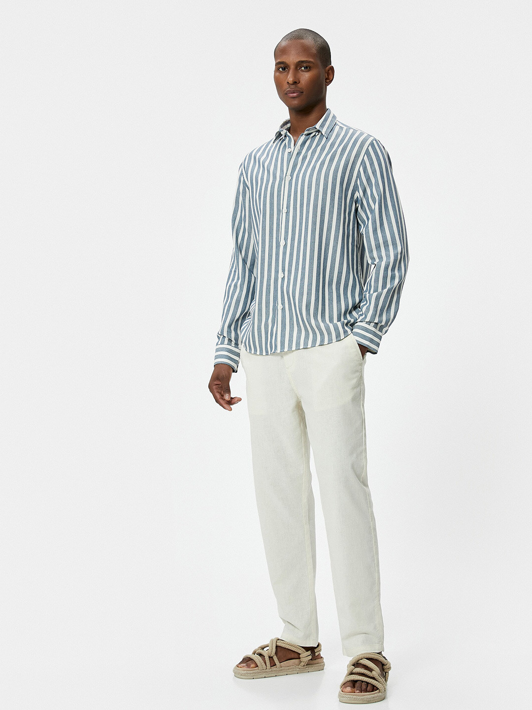 

Koton Slim Fit Striped Button-Down Collar Cotton Casual Shirt, Navy blue