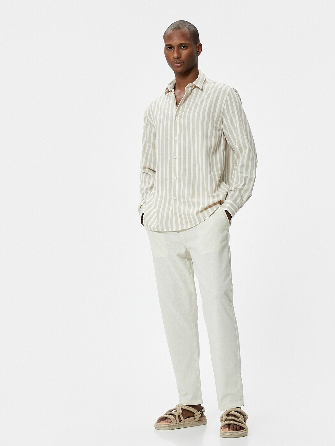 

Koton Slim Fit Striped Button-Down Collar Casual Shirt, Beige