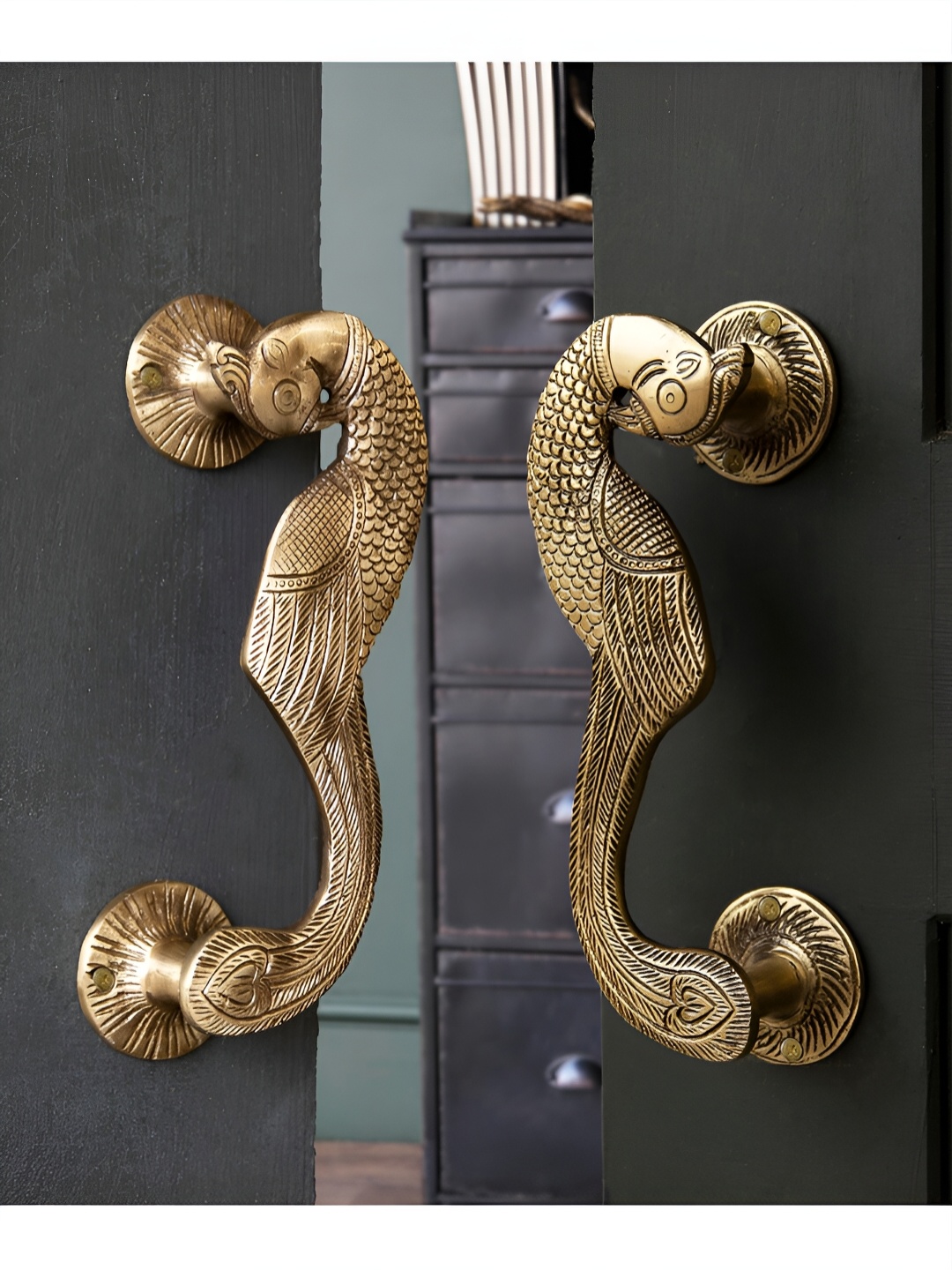 

Two Moustaches Gold Toned 2 Pieces Curved Peacock Brass Door Handle