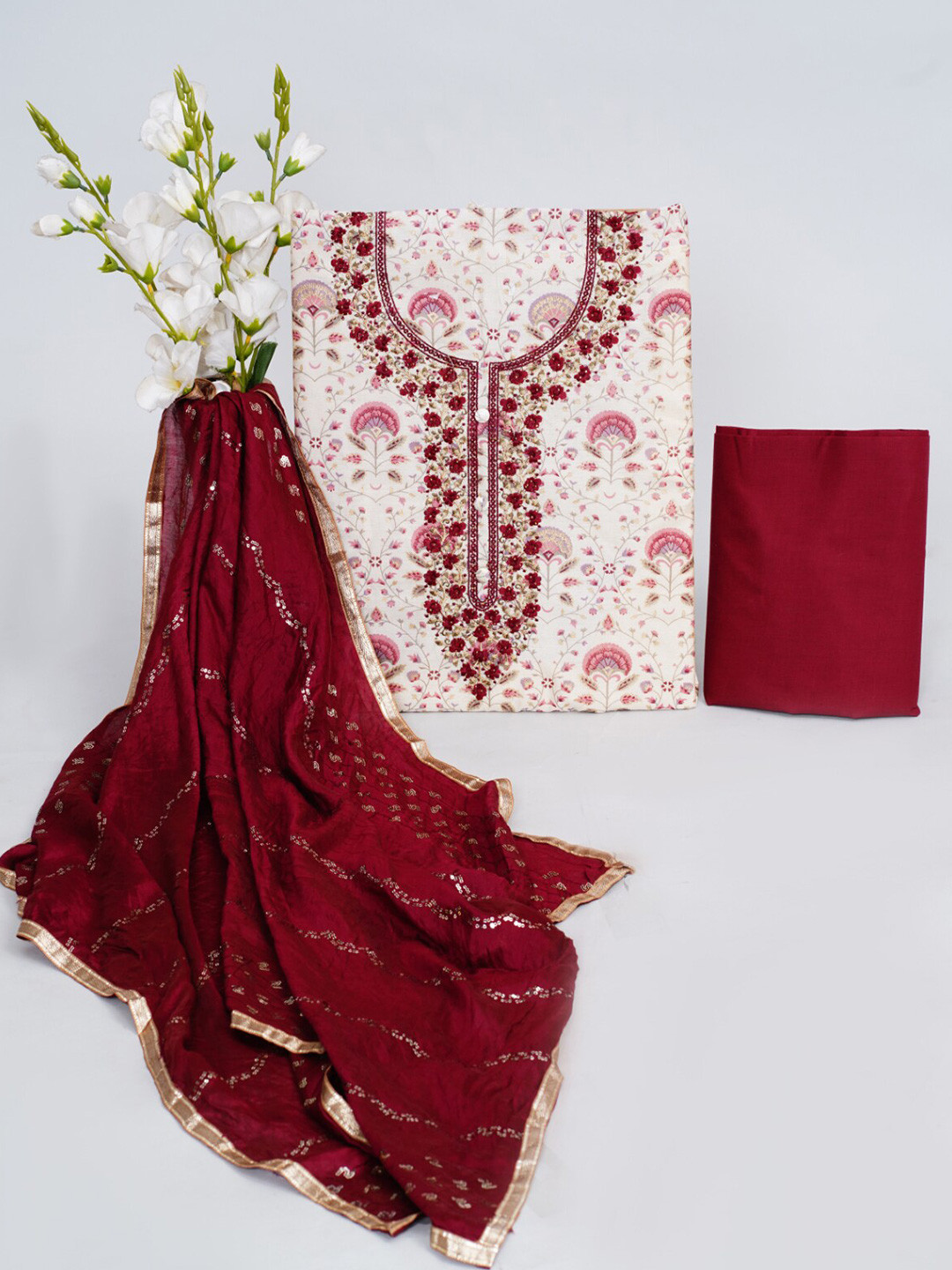 

JC4U Floral Embroidered Chanderi Silk Unstitched Dress Material, Maroon