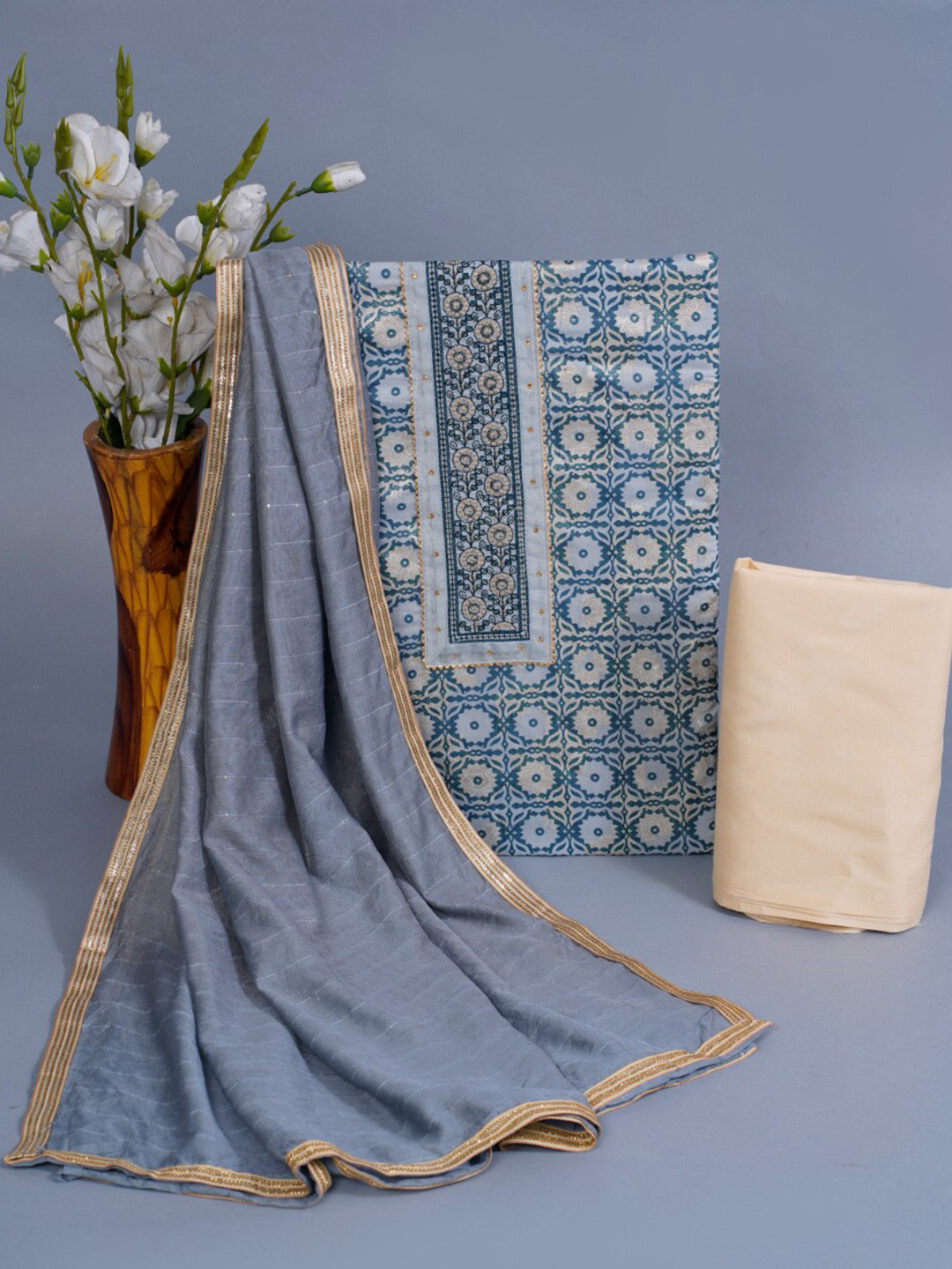 

JC4U Ethnic Motif Printed Chanderi Silk Unstitched Dress Material, Blue