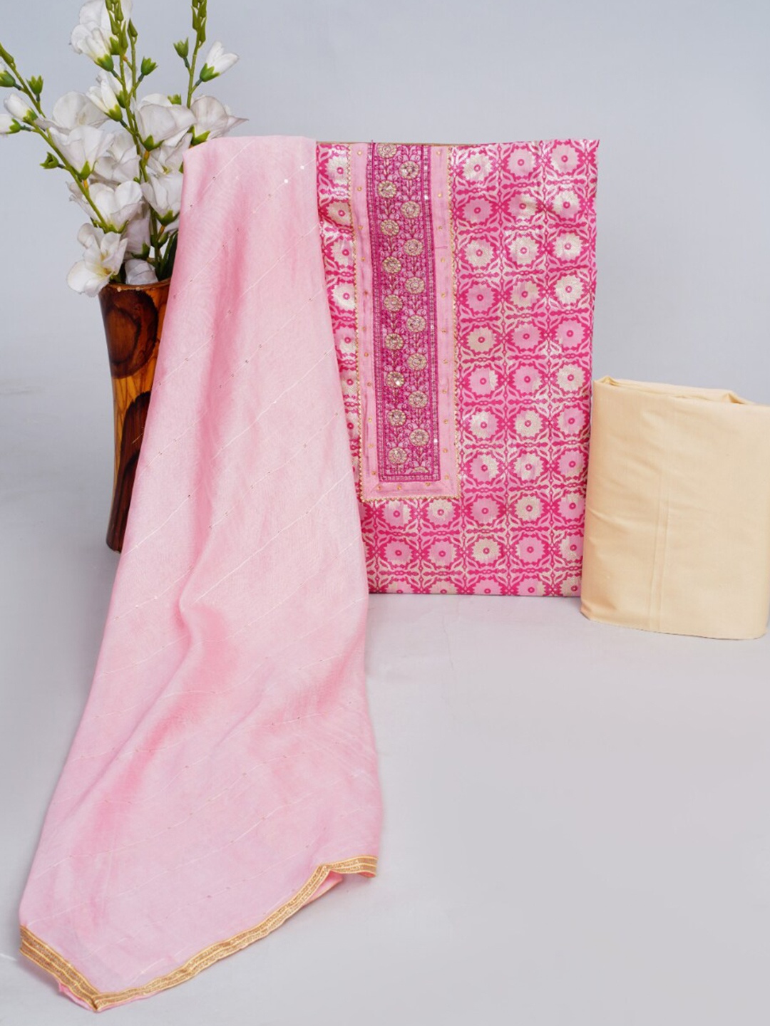 

JC4U Embroidered Pure Cotton Unstitched Dress Material, Pink
