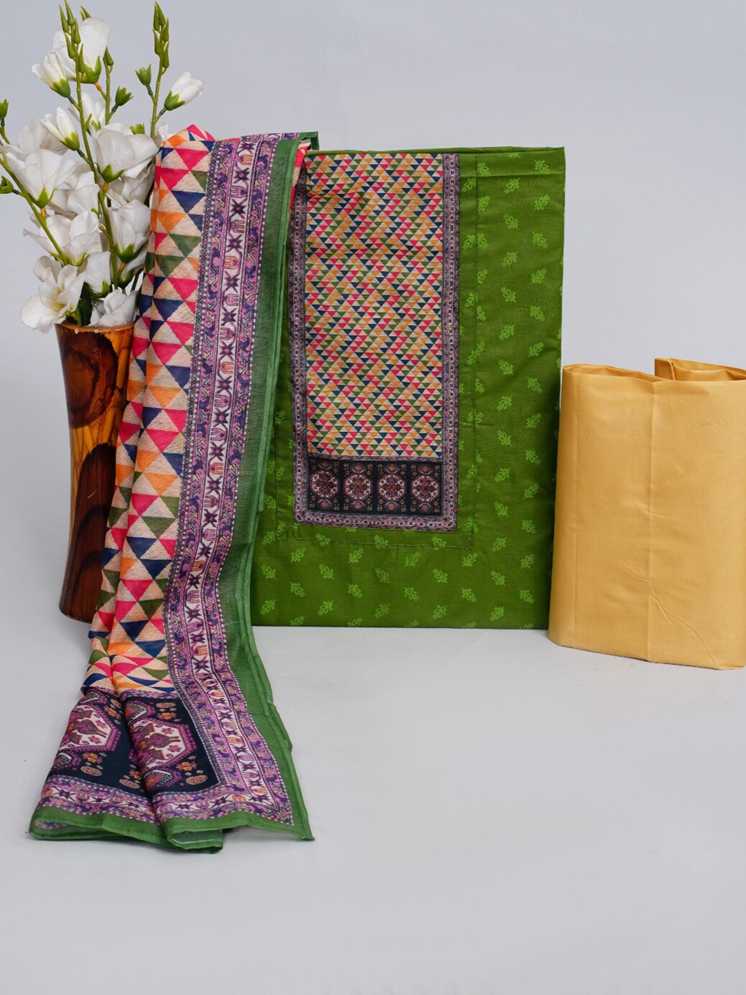 JC4U Ethnic Motifs Printed Pure Cotton Unstitched Dress Material, Green