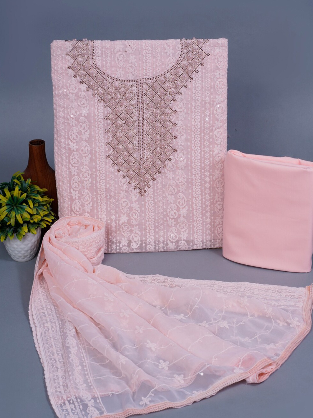 

JC4U Embroidered Pure Cotton Unstitched Dress Material, Pink