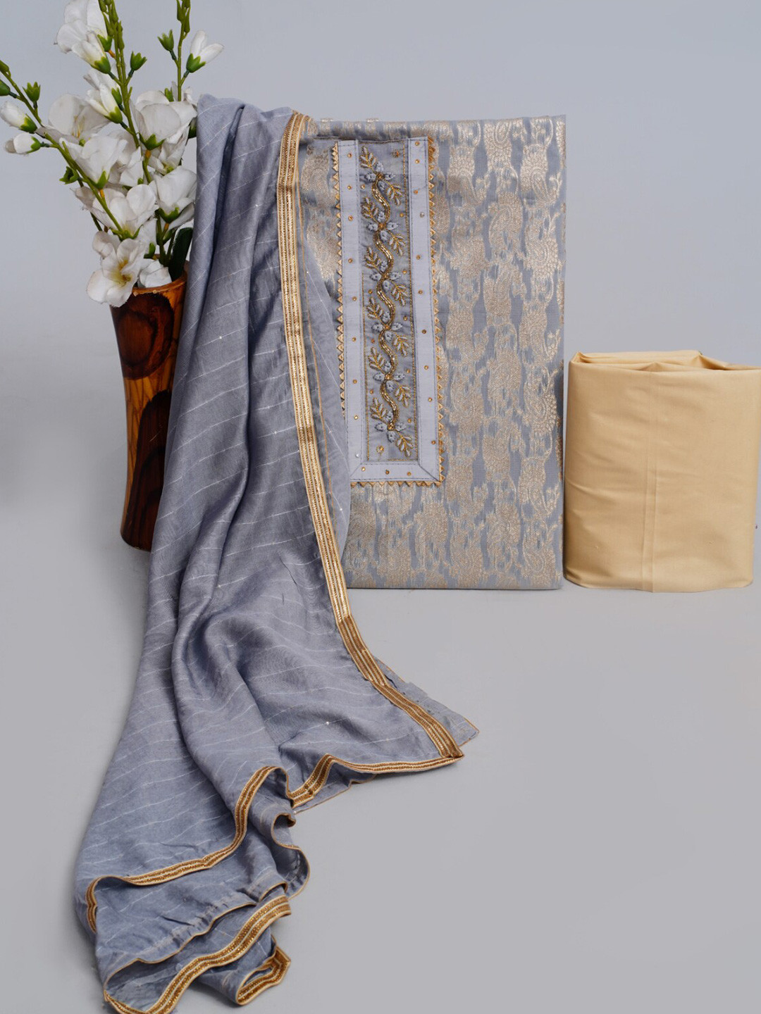 

JC4U Embroidered Pure Cotton Unstitched Dress Material, Grey