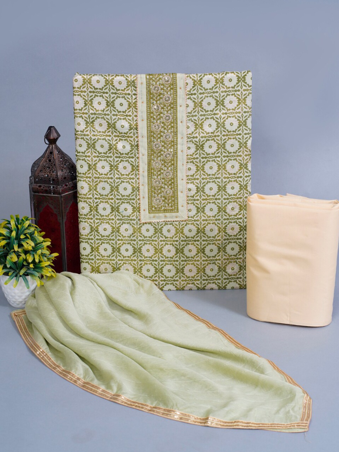 

JC4U Ethnic Motif Printed Chanderi Silk Unstitched Dress Material, Green