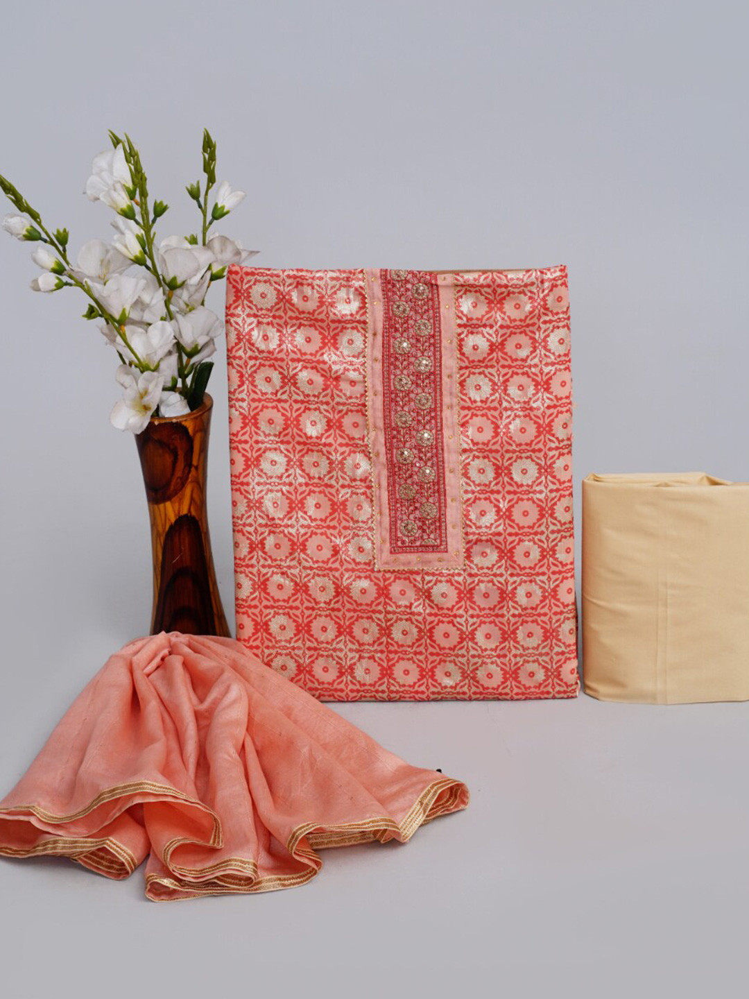 

JC4U Ethnic Motif Printed Chanderi Silk Unstitched Dress Material, Rust