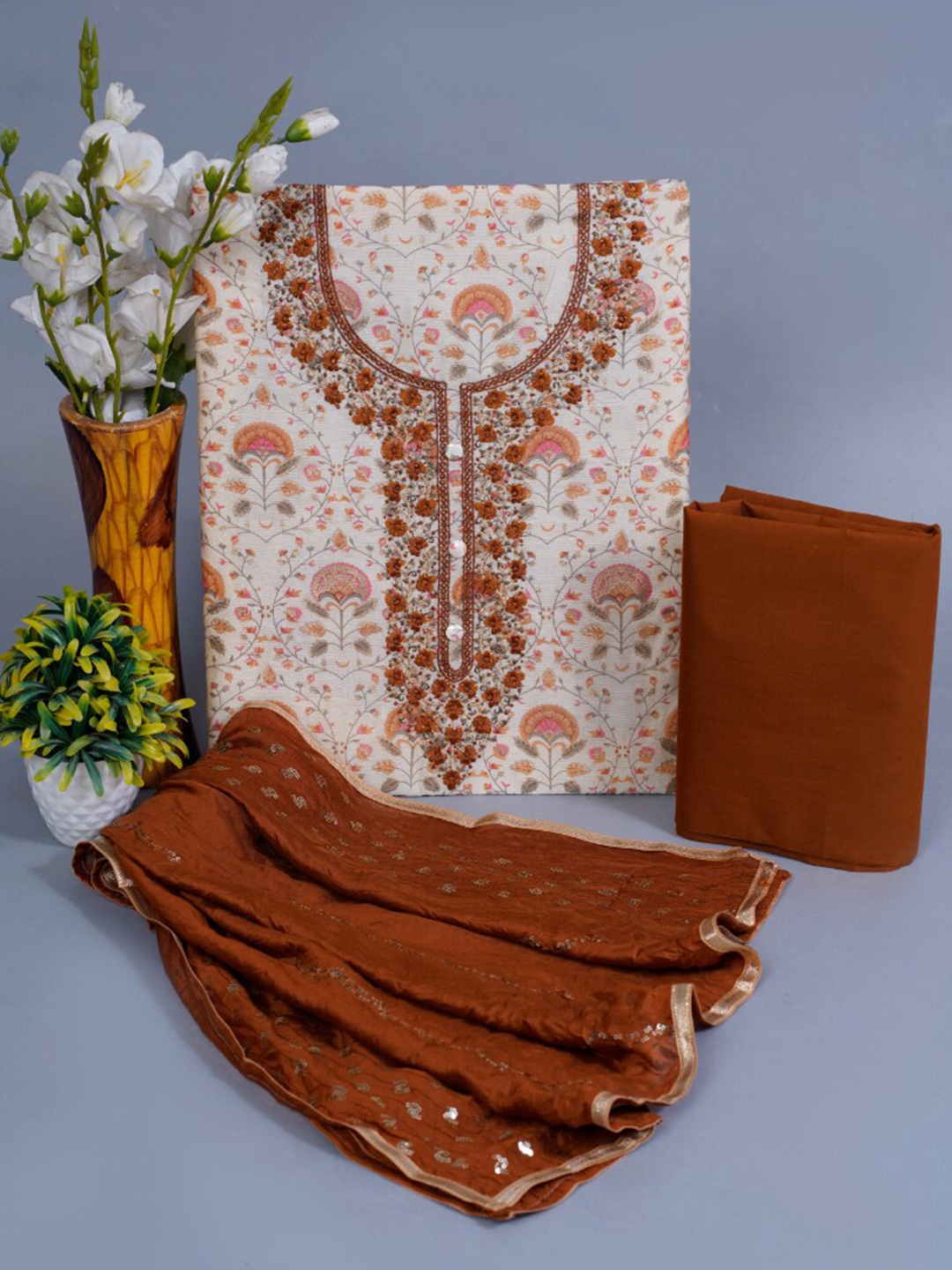 JC4U Embroidered Pure Cotton Unstitched Dress Material, Rust