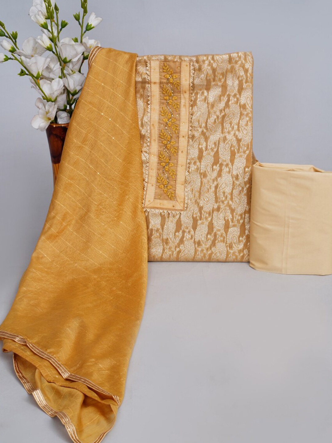 

JC4U Ethnic Motif Embroidered Chanderi Silk Unstitched Dress Material, Gold