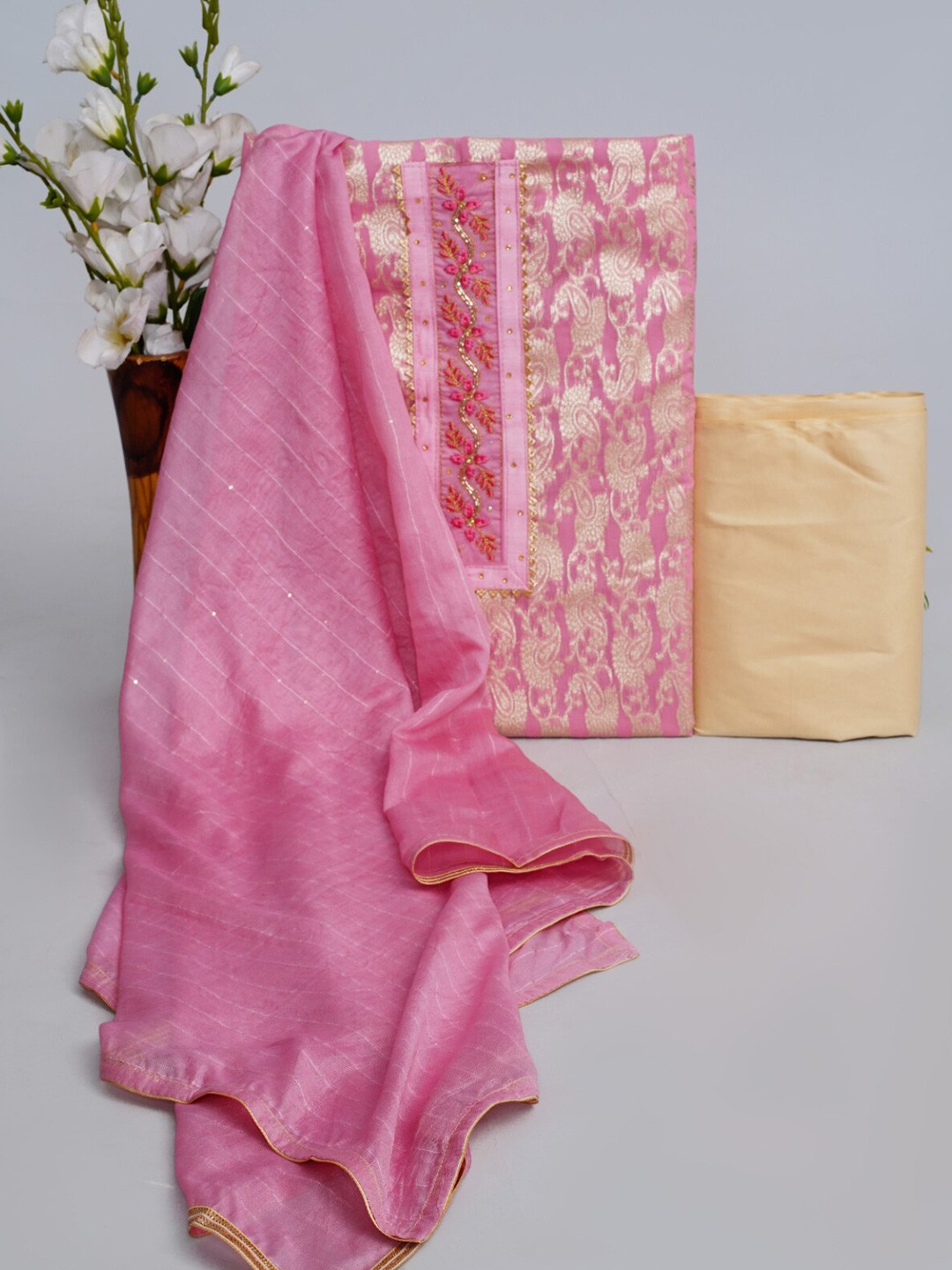 

JC4U Embroidered Pure Cotton Unstitched Dress Material, Pink