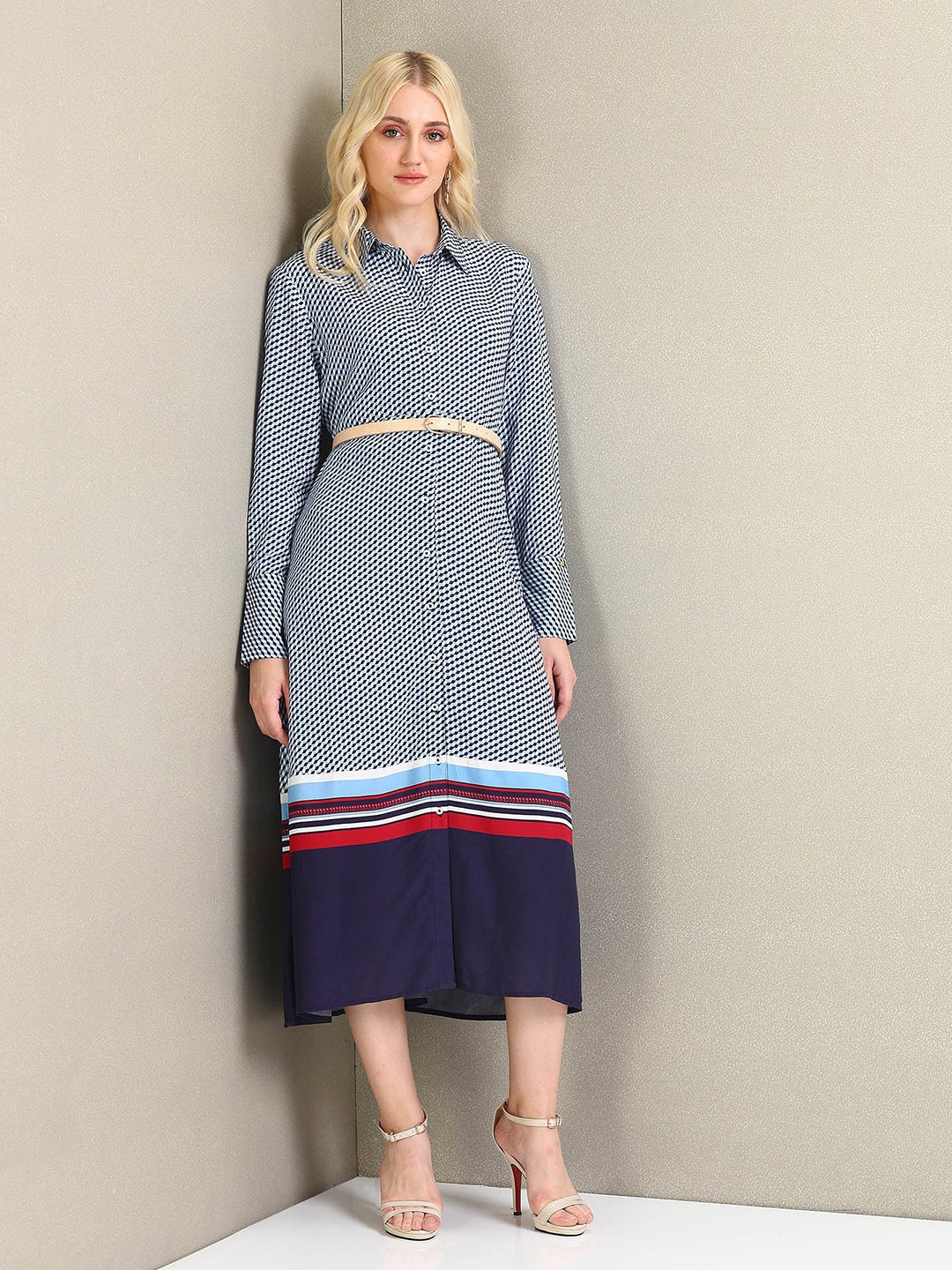 

U.S. Polo Assn. Women Geometric Printed Shirt Collar Shirt Dress, Blue