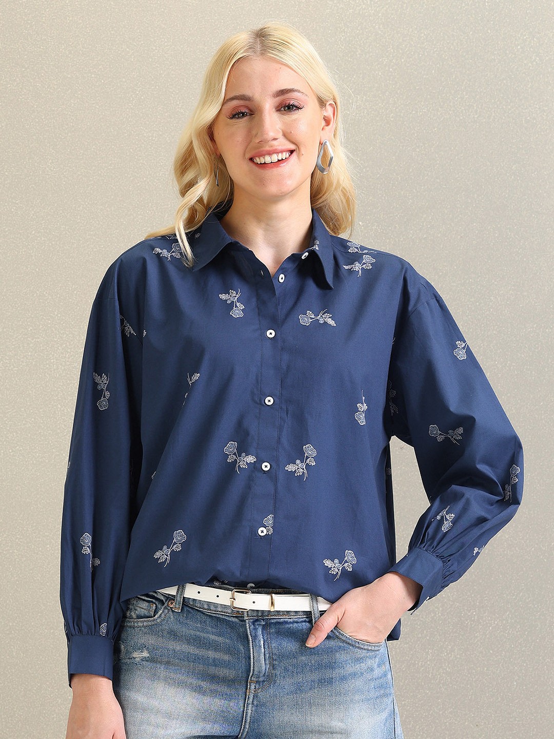 

U.S. Polo Assn. Women Spread Collar Printed Cotton Casual Shirt, Blue