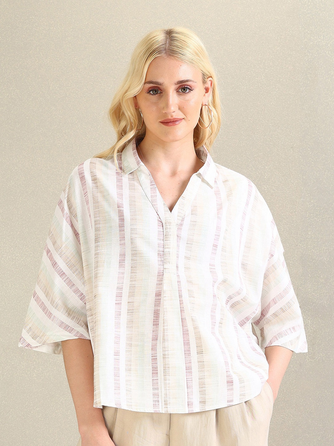 

U.S. Polo Assn. Women Spread Collar Oversized Striped Casual Shirt, White