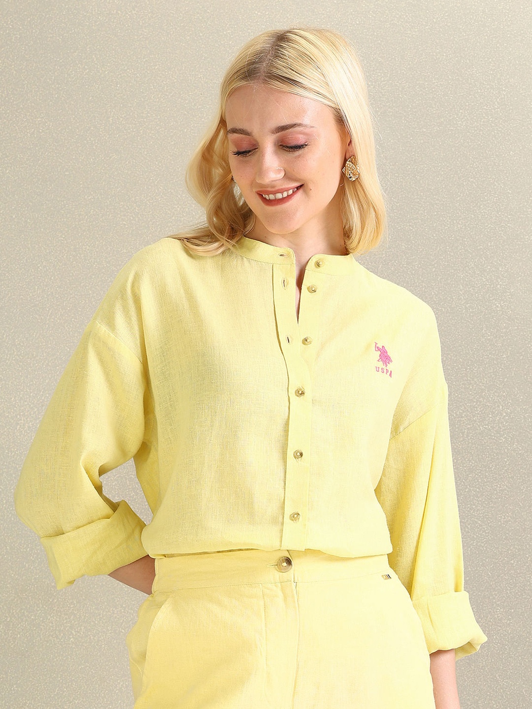 

U.S. Polo Assn. Women Mandarin Collar Long Sleeves Regular Fit Casual Shirt, Yellow