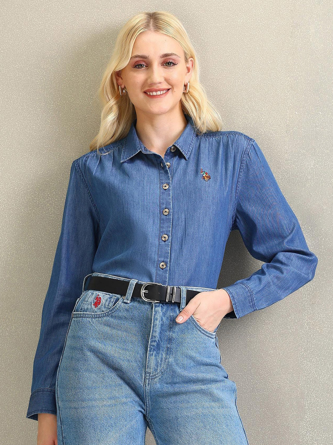 

U.S. Polo Assn. Women Spread Collar Cotton Casual Shirt, Blue
