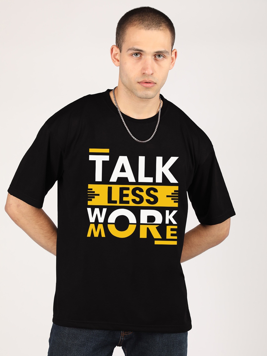

CHKOKKO Typography Print Round Neck Short Sleeves Cotton Oversized T-shirt, Black